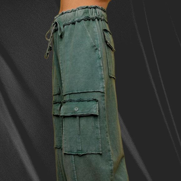 easel Pants & Jumpsuits Easel Feeling Good Cargo Mineral Washed Wide Leg Utility Pants Raw